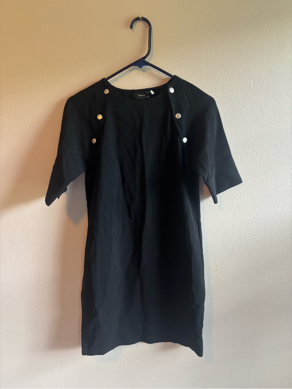 Theory Black Short Sleeve Shift Dress with Gold Buttons